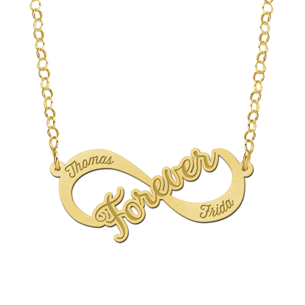 Gouden infinity ketting met Forever ontwerp en namen Gouden infinity ketting met Forever ontwerp en namen