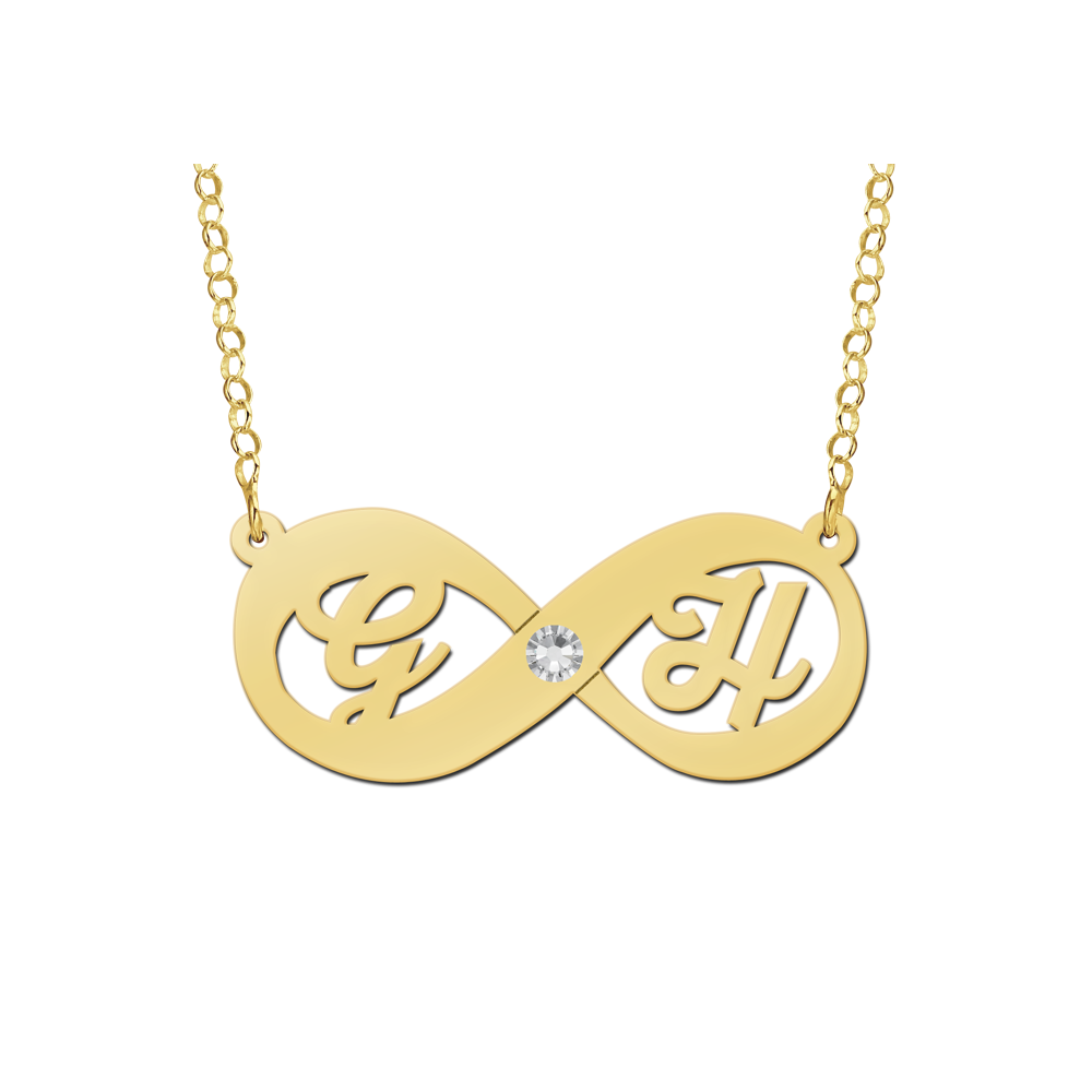 Gouden infinity ketting met initialen en zirkonia