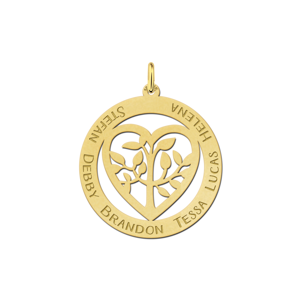 Gouden familie hanger met levensboom in hart Gouden familie hanger met levensboom in hart