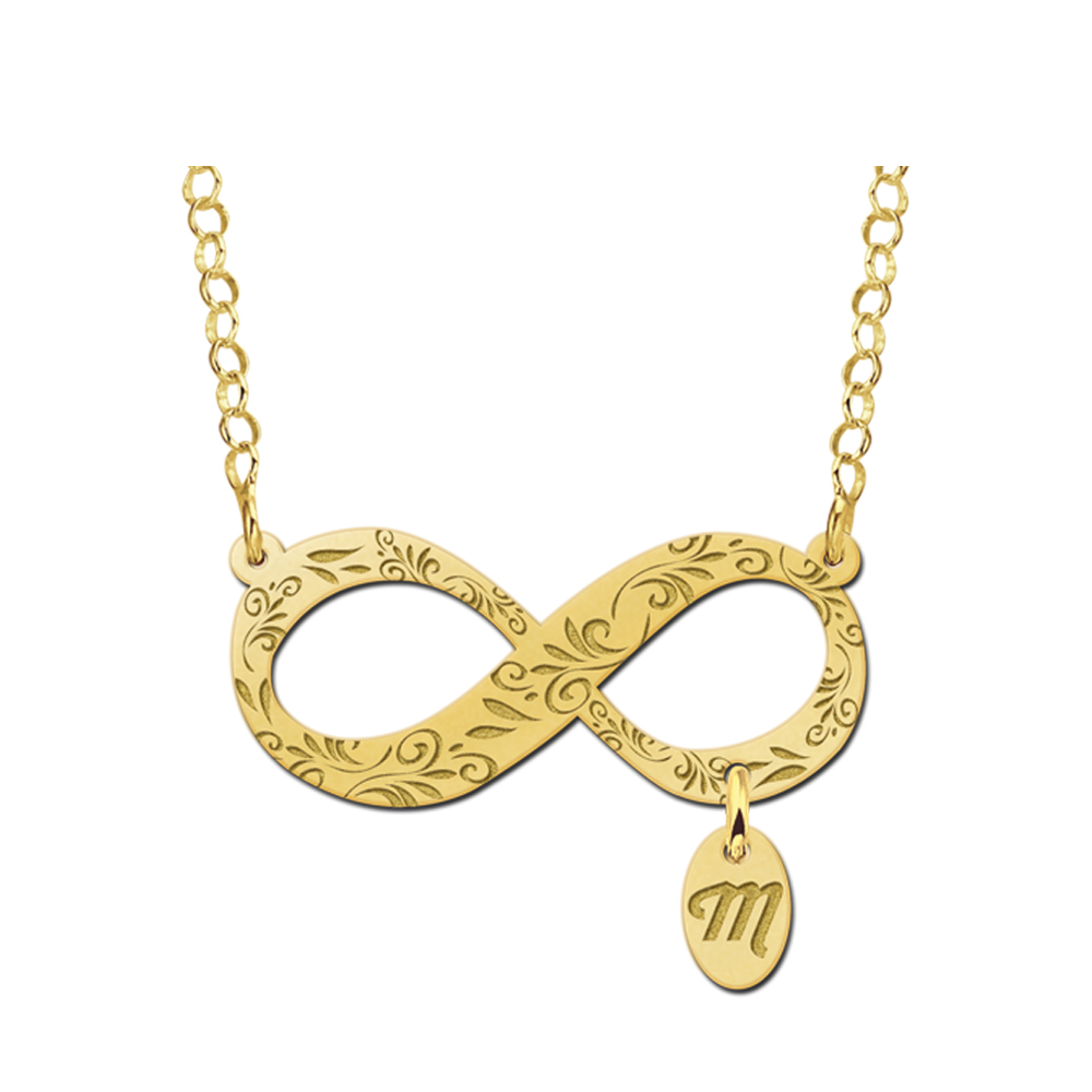 Gouden infinity ketting met sierlijke gravure en initiaalbedel