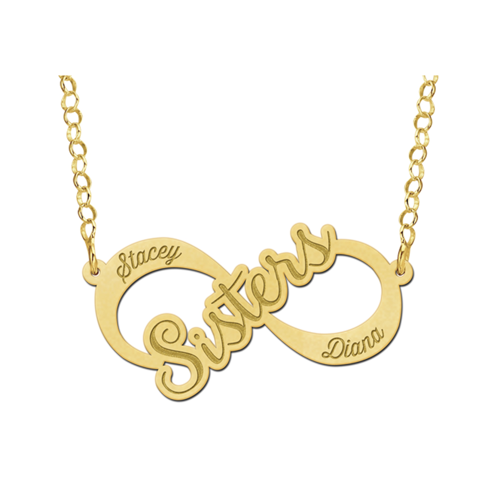 Gouden infinity ketting met Sisters ontwerp en namen Gouden infinity ketting met Sisters ontwerp en namen
