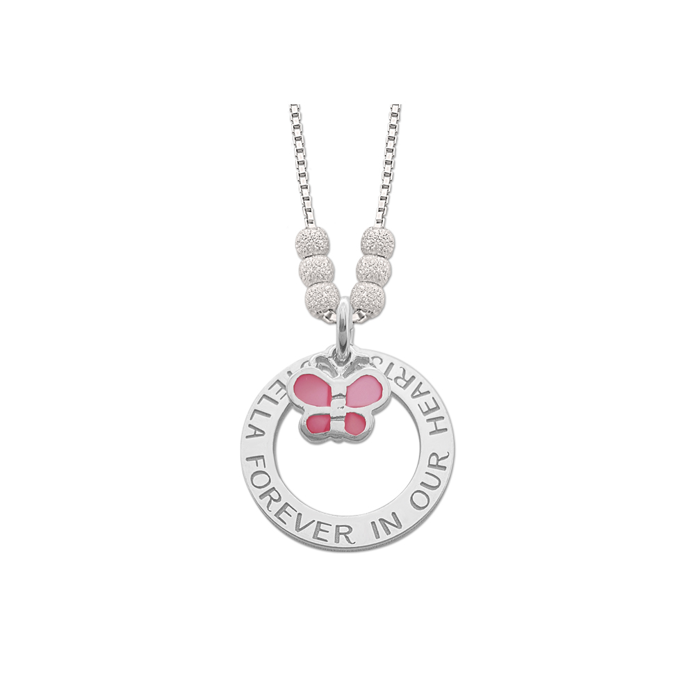 Moeder ketting in zilver met roze vlinder