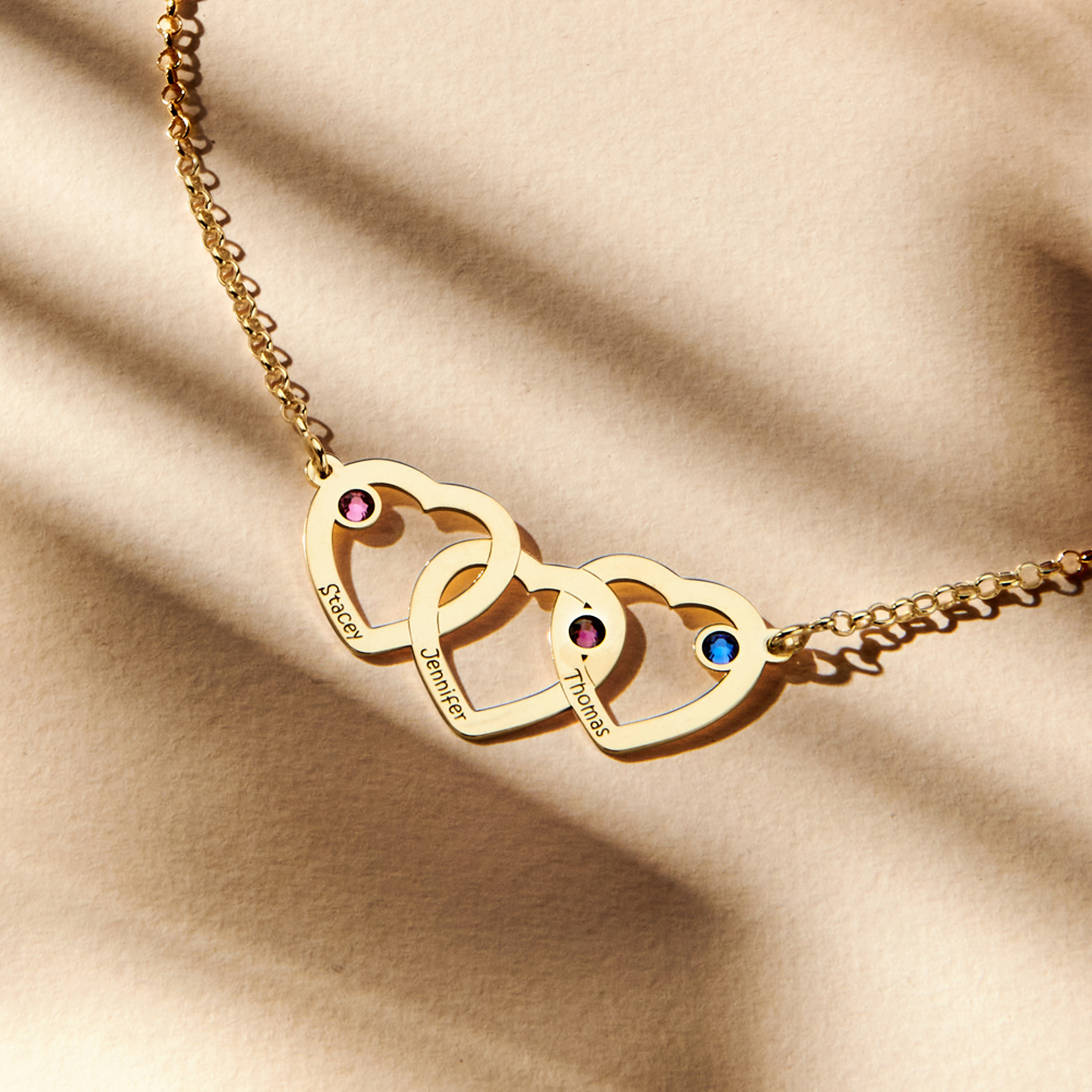 Gouden ketting drie harten met geboortestenen2 Gouden ketting drie harten met geboortestenen2
